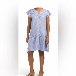 FORCYNTHIA Linen Blend Flutter Sleeve Button Down Striped Dress Color Mu…